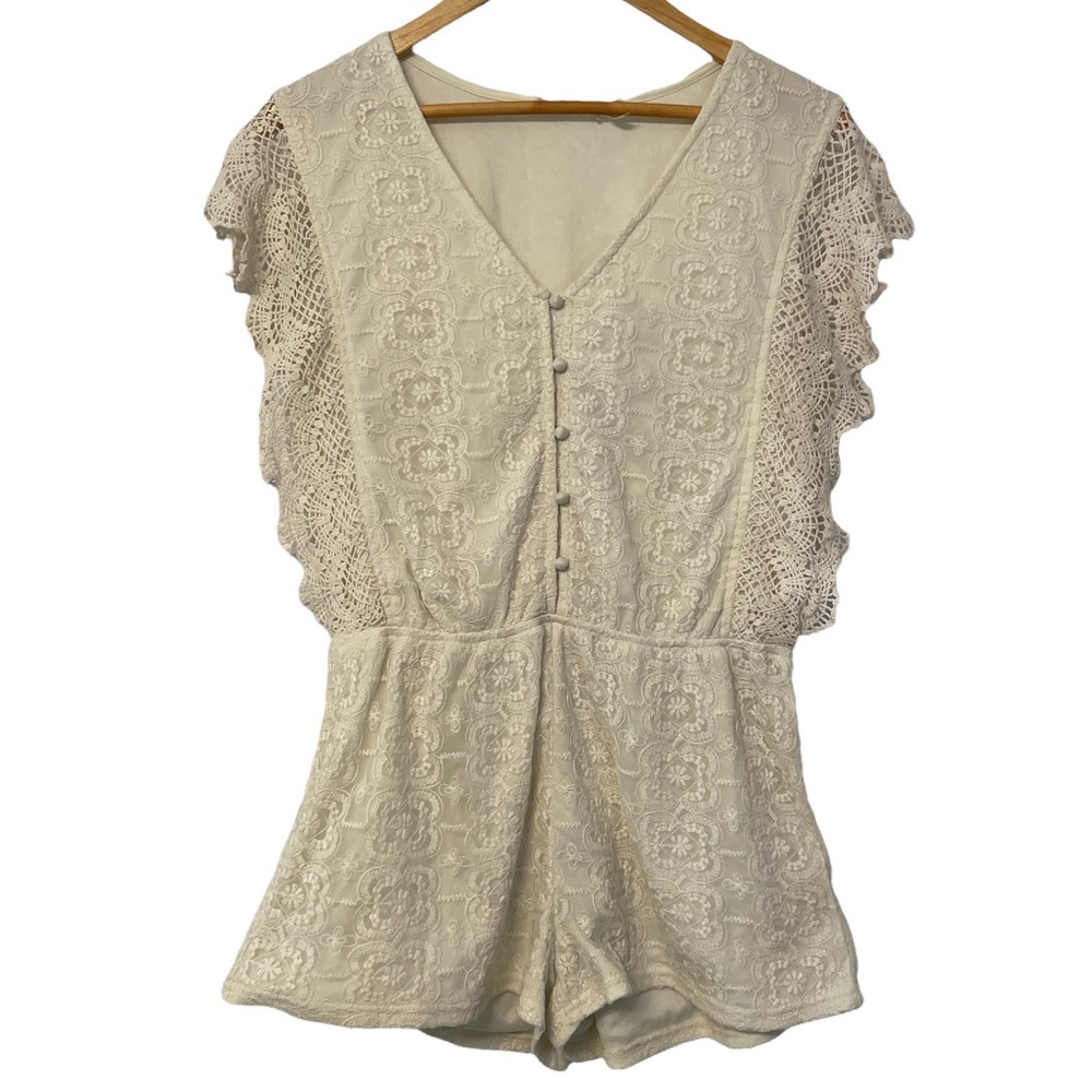Blu Pepper Lace Romper with Ruffle Sleeves